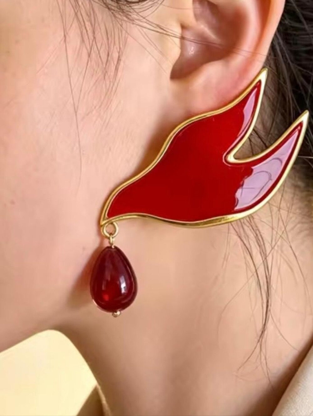 Red Devil Horn Earrings Flame Wing Ear Climber Goth Statement Teardrop Dangle